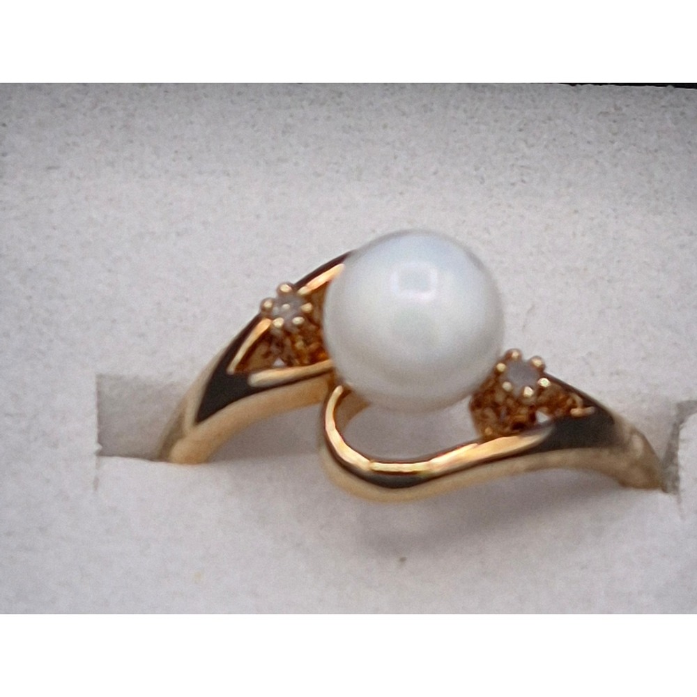 Vintage Faux Pearl Ring SZ 7 Gold Tone 18k GE RSC Bypass Swirl Accent